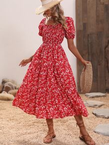 SHEIN VCAY Ditsy Floral Square Neck Puff Sleeve Dress - Red - View 3