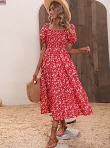 SHEIN VCAY Ditsy Floral Square Neck Puff Sleeve Dress - Red - View 4