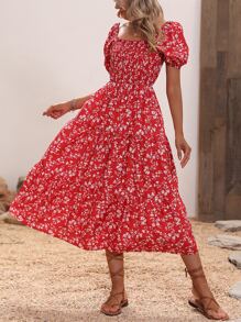 SHEIN VCAY Ditsy Floral Square Neck Puff Sleeve Dress - Red - View 5