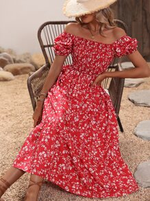 SHEIN VCAY Ditsy Floral Square Neck Puff Sleeve Dress - Red - View 6