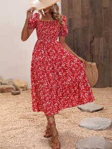 SHEIN VCAY Ditsy Floral Square Neck Puff Sleeve Dress - Red - View 7