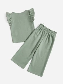 SHEIN 年輕女孩荷葉邊修飾T恤和蝴蝶結前裤 - 薄荷綠 - 查看 2