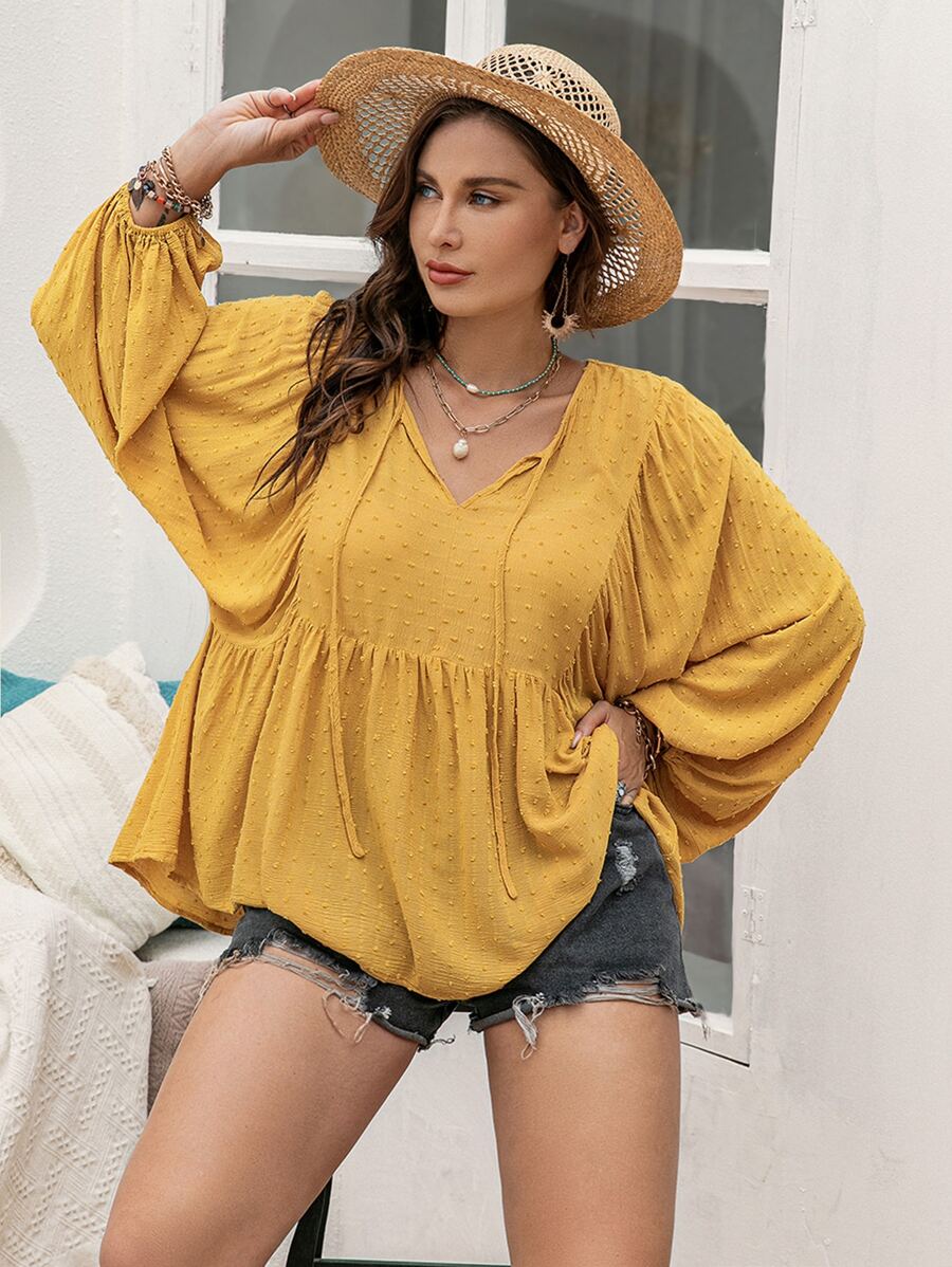 Rusttydustty 大碼燈籠袖荷葉邊下擺襯衫 - 芥末黃 - 查看 1