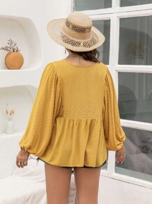 Rusttydustty 大碼燈籠袖荷葉邊下擺襯衫 - 芥末黃 - 查看 2