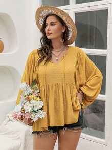 Rusttydustty 大碼燈籠袖荷葉邊下擺襯衫 - 芥末黃 - 查看 3