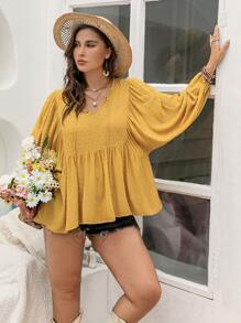 Rusttydustty 大碼燈籠袖荷葉邊下擺襯衫 - 芥末黃 - 查看 5