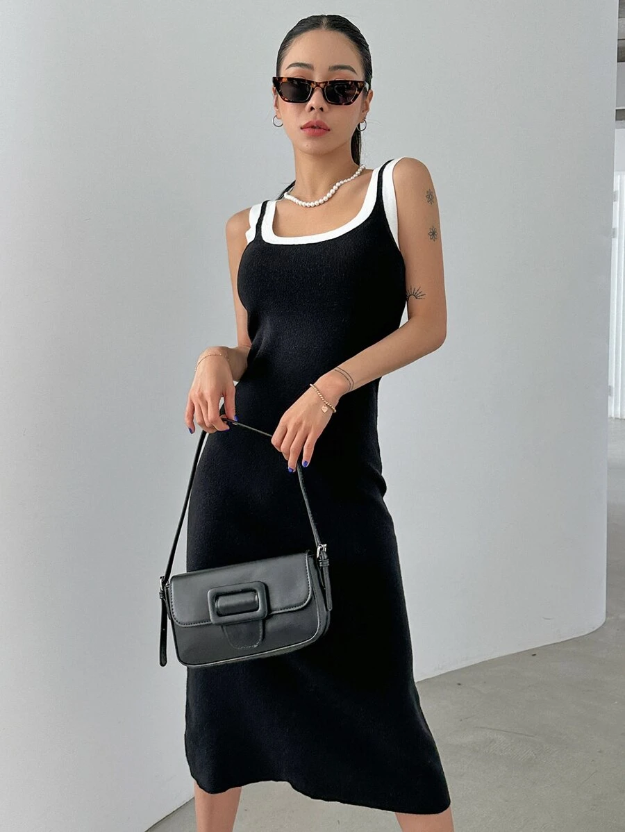 DAZY Contrast Binding Jumper Dress - Black - View 1