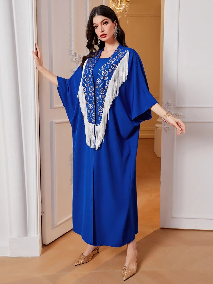Al Najma Floral Print Batwing Sleeve Contrast Fringe Abaya With Dress - Royal Blue - View 1