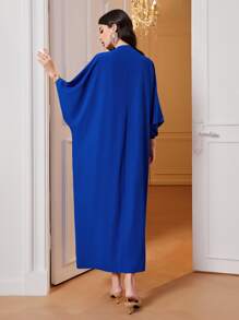 Al Najma Floral Print Batwing Sleeve Contrast Fringe Abaya With Dress - Royal Blue - View 2