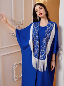 Al Najma Floral Print Batwing Sleeve Contrast Fringe Abaya With Dress - Royal Blue - View 5