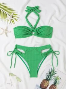 環連領帶搭扣連帶泳裝套裝，夏季海灘比基尼套裝 - 綠色 - 查看 3