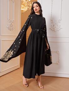 Al Najma 燙金和植物圖案開衩袖繫腰帶連衣裙 - 黑色 - 查看 5