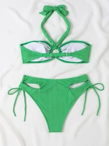 環連領帶搭扣連帶泳裝套裝，夏季海灘比基尼套裝 - 綠色 - 查看 4