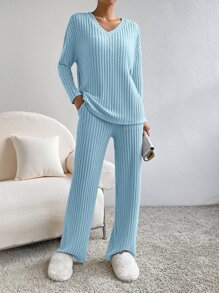 SHEIN Essnce Solid Drop Shoulder Tee & Pants - Baby Blue - View 5