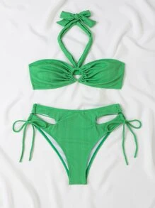 環連領帶搭扣連帶泳裝套裝，夏季海灘比基尼套裝 - 綠色 - 查看 5