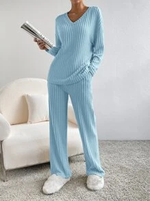 SHEIN Essnce Solid Drop Shoulder Tee & Pants - Baby Blue - View 6