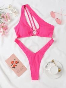 SHEIN Swim Phụ nữ một mảnh Cắt ra Nhẫn màu trơn - Màu Hồng Tươi - Xem 3