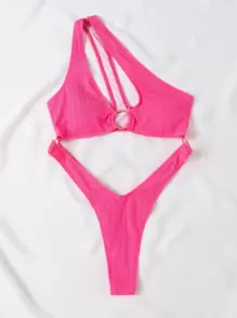SHEIN Swim Phụ nữ một mảnh Cắt ra Nhẫn màu trơn - Màu Hồng Tươi - Xem 6