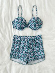 Allover Print Underwire Summer Beach Bikini Set - Mint Green - View 3