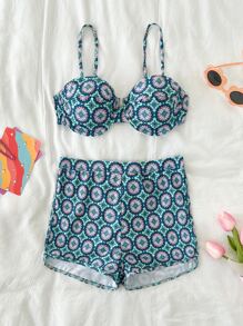 Allover Print Underwire Summer Beach Bikini Set - Mint Green - View 6
