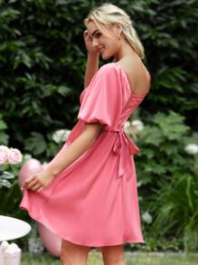 SHEIN Maternity Puff Sleeve Tie Back Dress - Pink - View 3