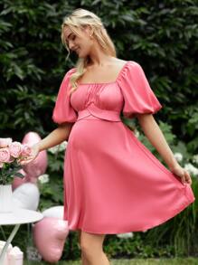 SHEIN Maternity Puff Sleeve Tie Back Dress - Pink - View 1