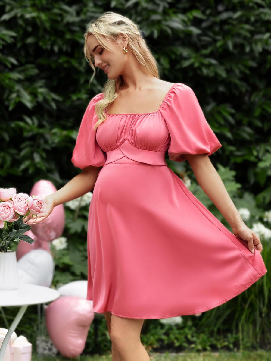 SHEIN Maternity Puff Sleeve Tie Back Dress - Pink - View 1