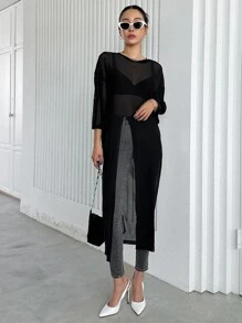 DAZY Solid Split Hem Sheer Longline Top Without Bra Going Out Tops - Black - View 1