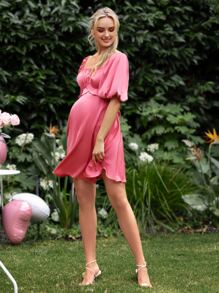 SHEIN Maternity Puff Sleeve Tie Back Dress - Pink - View 5