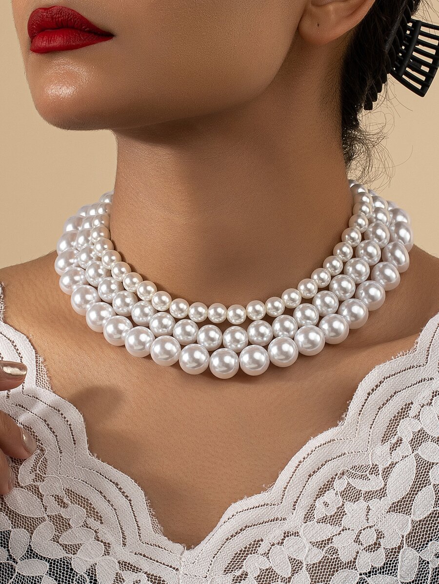 3pcs Faux Pearl Decor Necklace - White - View 1