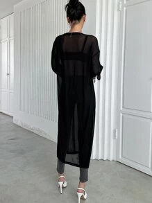 DAZY Solid Split Hem Sheer Longline Top Without Bra Going Out Tops - Black - View 2