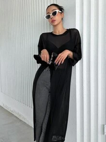 DAZY Solid Split Hem Sheer Longline Top Without Bra Going Out Tops - Black - View 4