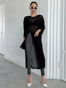 DAZY Solid Split Hem Sheer Longline Top Without Bra Going Out Tops - Black - View 5