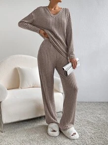 SHEIN Essnce Bộ đồ hai mảnh nữ Gân đan màu trơn Giải trí - Màu nâu  Mocha - Xem 1