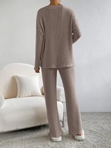 SHEIN Essnce Bộ đồ hai mảnh nữ Gân đan màu trơn Giải trí - Màu nâu  Mocha - Xem 2