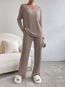 SHEIN Essnce Bộ đồ hai mảnh nữ Gân đan màu trơn Giải trí - Màu nâu  Mocha - Xem 3