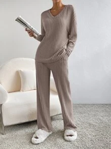 SHEIN Essnce Bộ đồ hai mảnh nữ Gân đan màu trơn Giải trí - Màu nâu  Mocha - Xem 4