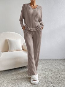 SHEIN Essnce Bộ đồ hai mảnh nữ Gân đan màu trơn Giải trí - Màu nâu  Mocha - Xem 5