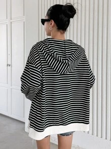 DAZY Striped Drop Shoulder Zip Up Hooded Sweatshirt - Black and White - View 2