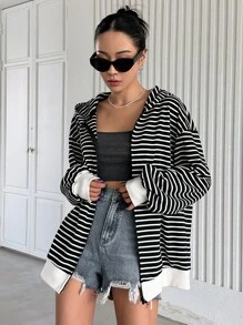 DAZY Striped Drop Shoulder Zip Up Hooded Sweatshirt - Black and White - View 3