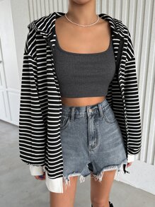 DAZY Striped Drop Shoulder Zip Up Hooded Sweatshirt - Black and White - View 4