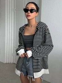 DAZY Striped Drop Shoulder Zip Up Hooded Sweatshirt - Black and White - View 5