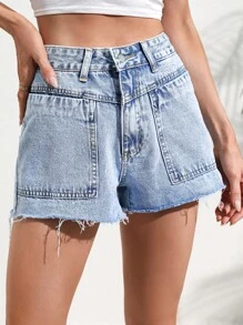 Raw Hem Denim Shorts - Light Wash - View 1