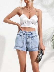 Raw Hem Denim Shorts - Light Wash - View 5