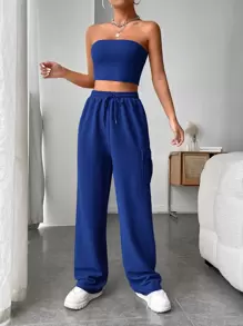 Muchica Bộ đồ hai mảnh nữ Lộ Lưng Dây kéo Túi màu trơn Giải trí - Màu xanh lam - Xem 1