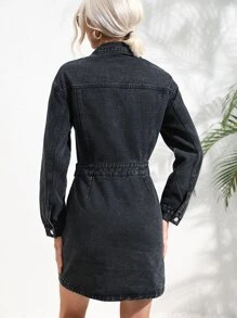 Flap Pocket Drop Shoulder Denim Dress - Dark Grey - View 2