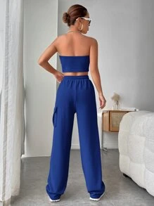 Muchica Bộ đồ hai mảnh nữ Lộ Lưng Dây kéo Túi màu trơn Giải trí - Màu xanh lam - Xem 2