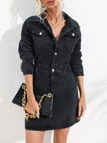 Flap Pocket Drop Shoulder Denim Dress - Dark Grey - View 5