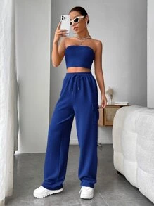 Muchica Bộ đồ hai mảnh nữ Lộ Lưng Dây kéo Túi màu trơn Giải trí - Màu xanh lam - Xem 4