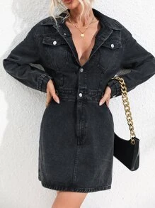 Flap Pocket Drop Shoulder Denim Dress - Dark Grey - View 6